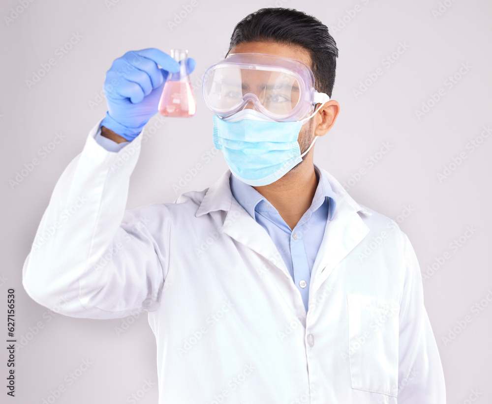Medical, chemical and man with research, test and scientific breakthrough against a white studio background. Research, male person and model with safety, cure and container with liquid and chemistry Medical, chemical and man with research, test and scientific breakthrough against a white studio background. Research, male person and model with safety, cure and container with liquid and chemistry