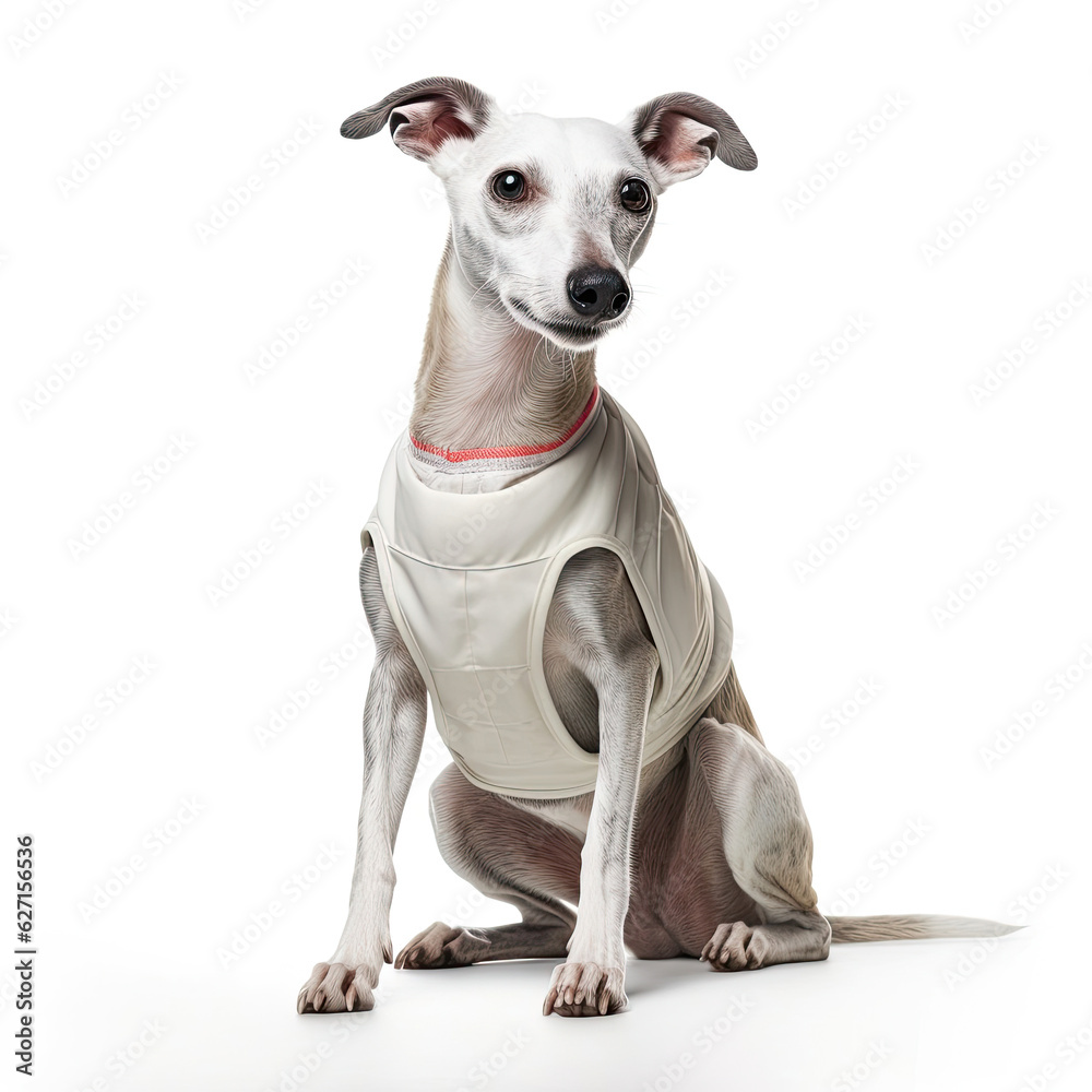 A Whippet (Canis lupus familiaris) in an athlete's outfit, winning a tiny race.