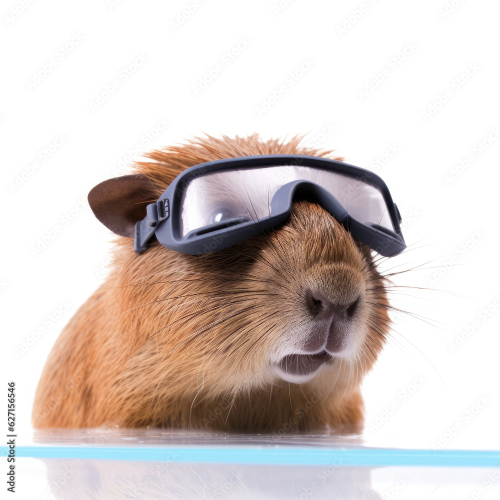 A Capybara (Hydrochoerus hydrochaeris) with a swim cap and goggles.