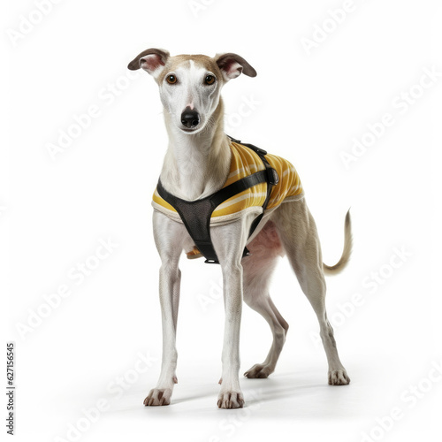 A Whippet  Canis lupus familiaris  in an athlete s outfit  winning a tiny race.