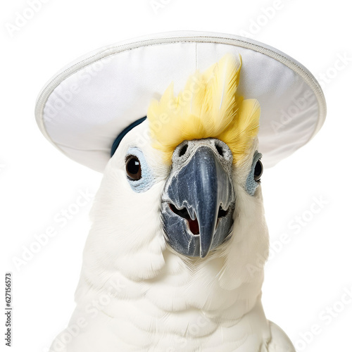 A Cockatoo (Cacatuidae) wearing a tiny sailor hat.