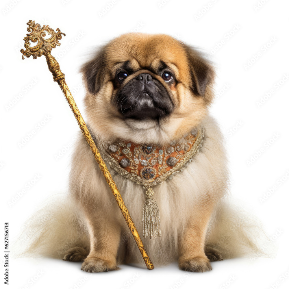 A Pekingese (Canis lupus familiaris) as a tiny emperor with a royal staff. A Pekingese (Canis lupus familiaris) as a tiny emperor with a royal staff.