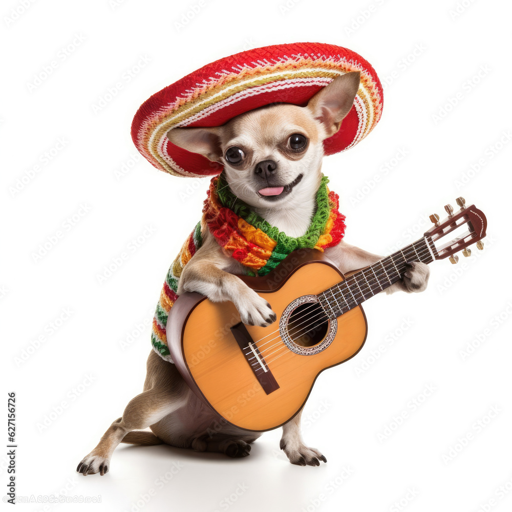 A Chihuahua (Canis lupus familiaris) in a mariachi band's outfit, playing a toy guitar.