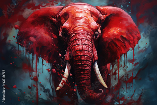 Poaching, killing rare animals illustration. Red big elephant with tusks covered in blood