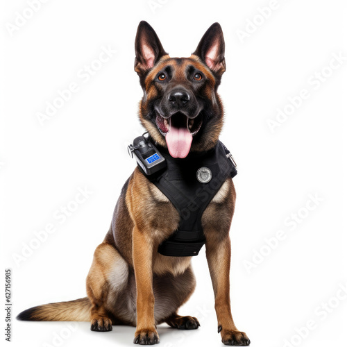 A Belgian Malinois (Canis lupus familiaris) in a police officer's outfit, holding a toy walkie-talkie.
