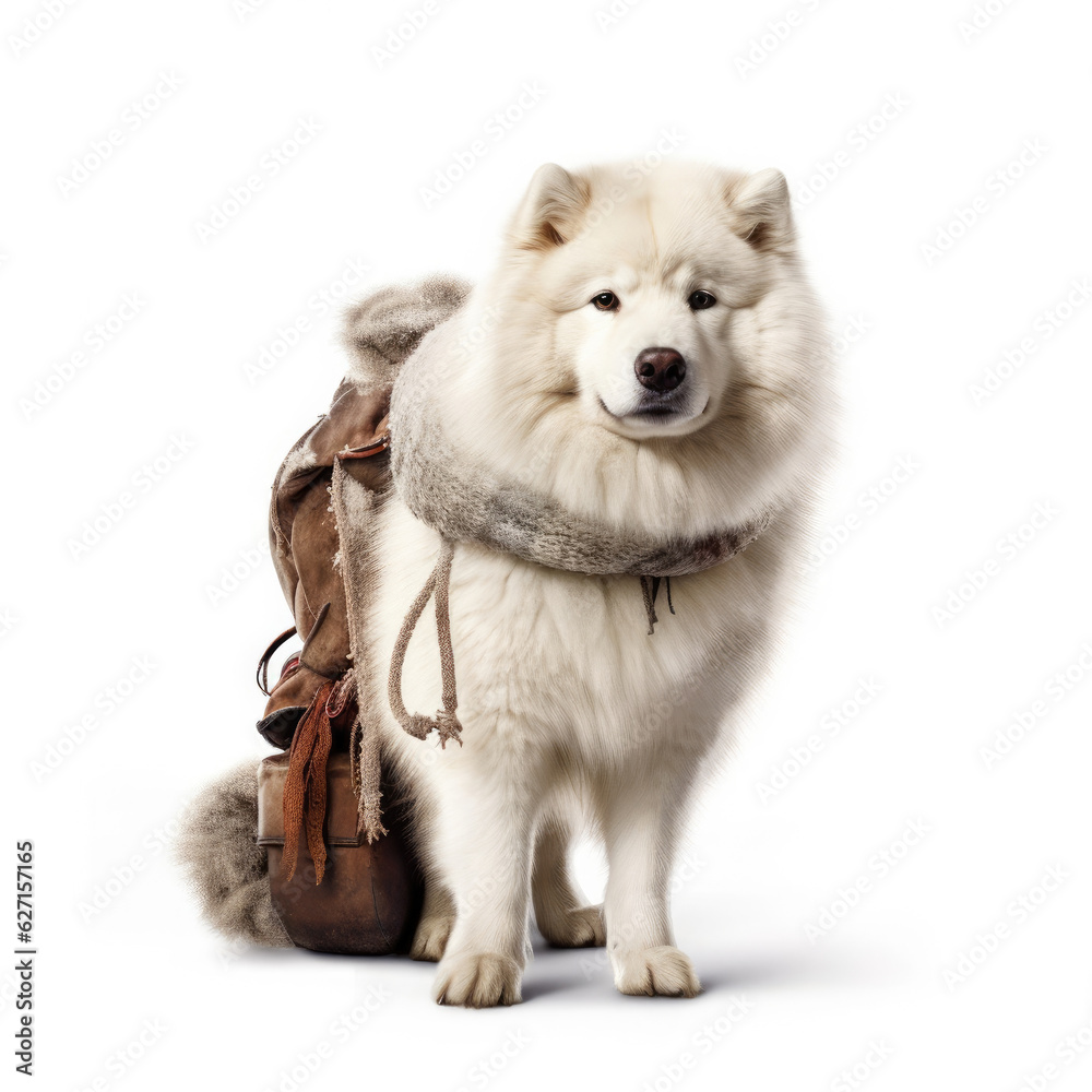 A Samoyed (Canis lupus familiaris) in a fur trapper's outfit, holding a tiny sled. A Samoyed (Canis lupus familiaris) in a fur trapper's outfit, holding a tiny sled.