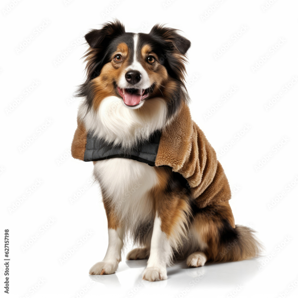 A Border Collie (Canis lupus familiaris) wearing a fringed sheepskin vest.