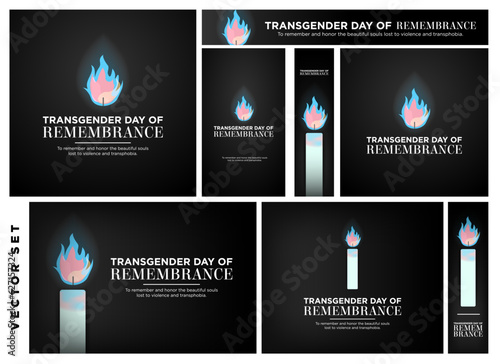 Bundle Set of Transgender Day of Remembrance Designs, card, posters, banners, story. Burning Candle in trans flag colors. In honor of trans victims. Vector Illustration. EPS 10.