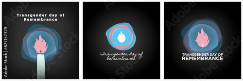 Set of Transgender Day of Remembrance greeting card posters with painted trans pride color lights and candle on dark background. In honor of victims of transphobia. Vector Illustration. EPS 10.