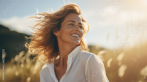Happy tanned mature beautiful woman blonde and white blouse in the field on a sunny day, lifestyle