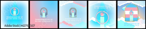 Set of Transgender Day of Remembrance Greeting Cards. Burning Candle with Transgender Pride Flag Colors. Vector Illustrations. EPS 10.