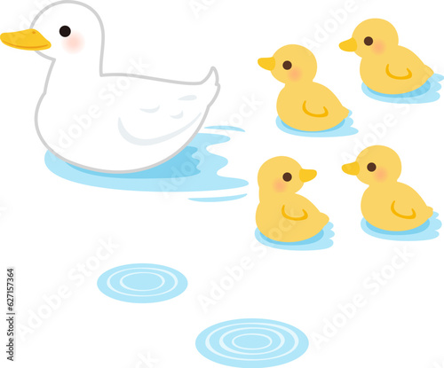 水面にいるアヒルの親鳥とヒナ