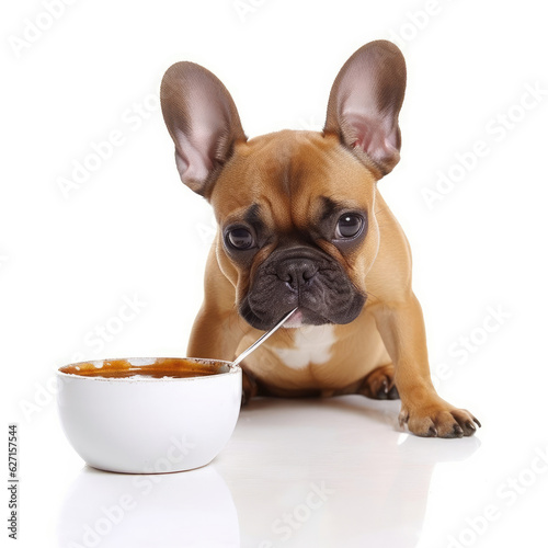 A French Bulldog (Canis lupus familiaris) as a chef, tasting a tiny spoonful of soup. © blueringmedia