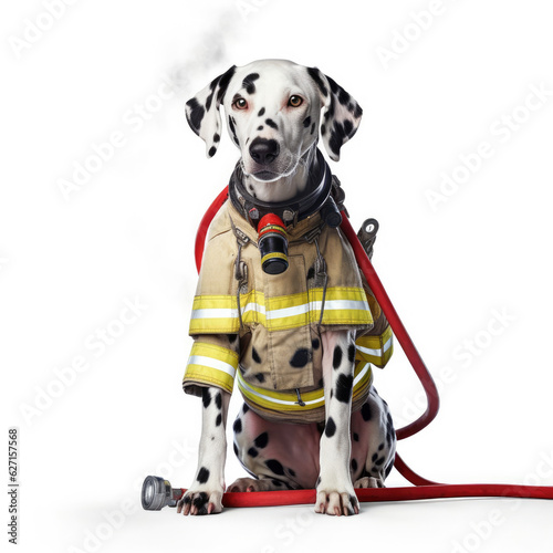 A Dalmatian (Canis lupus familiaris) as a firefighter, holding a tiny fire hose. photo