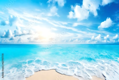Beautiful Tropical beach with blue sky and white clouds abstract texture background. Copy space of summer vacation and holiday business travel concept   Generative AI