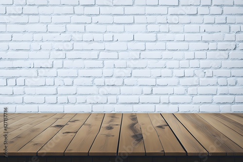 Empty wooden table top on white brick wall background  used for display or montage your products.