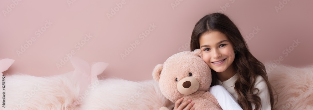 Portrait of Caucasian girl playing with toy bear doll