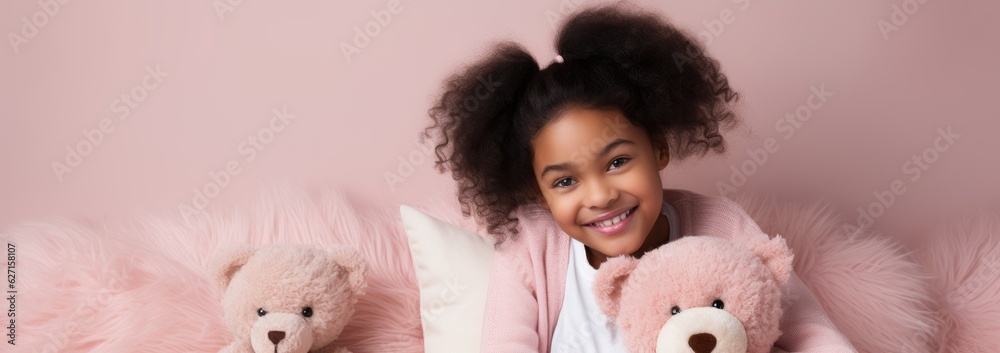 Portrait of African American girl playing with toy bear doll Portrait of African American girl playing with toy bear doll