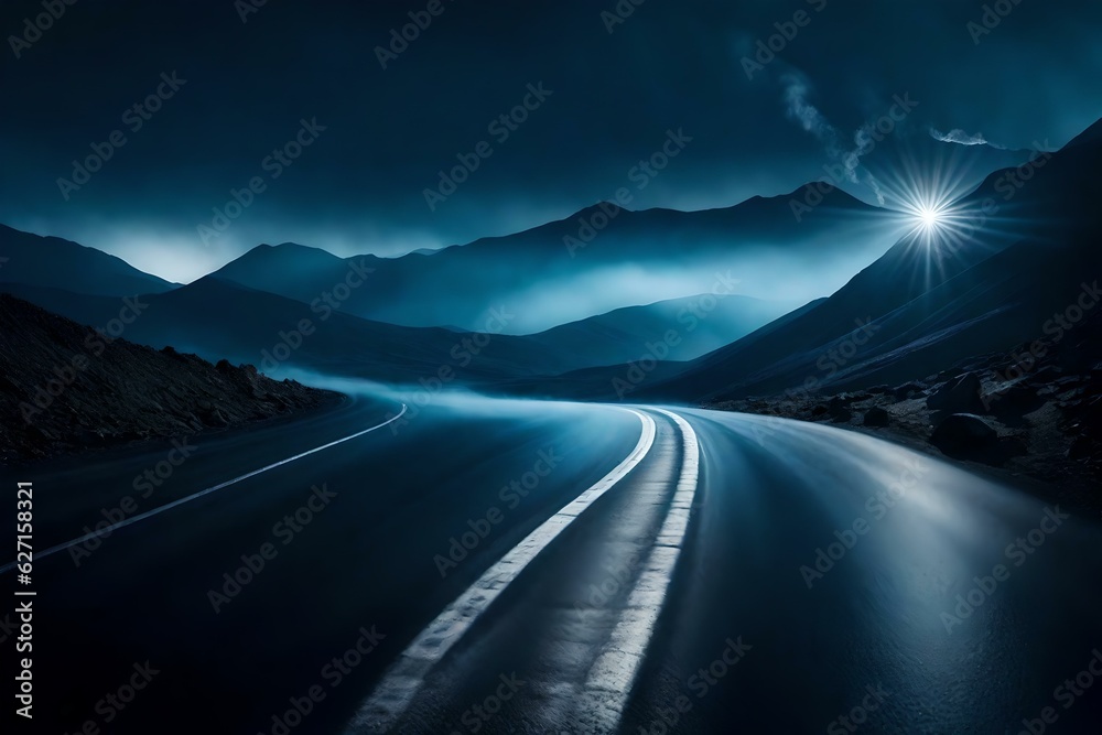 Dark Street, Asphalt abstract dark blue background, empty dark mountain range scene, with smoke mist cold white float up for display products | Generative AI