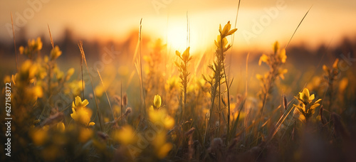 wheat field at sunset, Meadow grass with beautiful sun glare in the morning at sunrise.