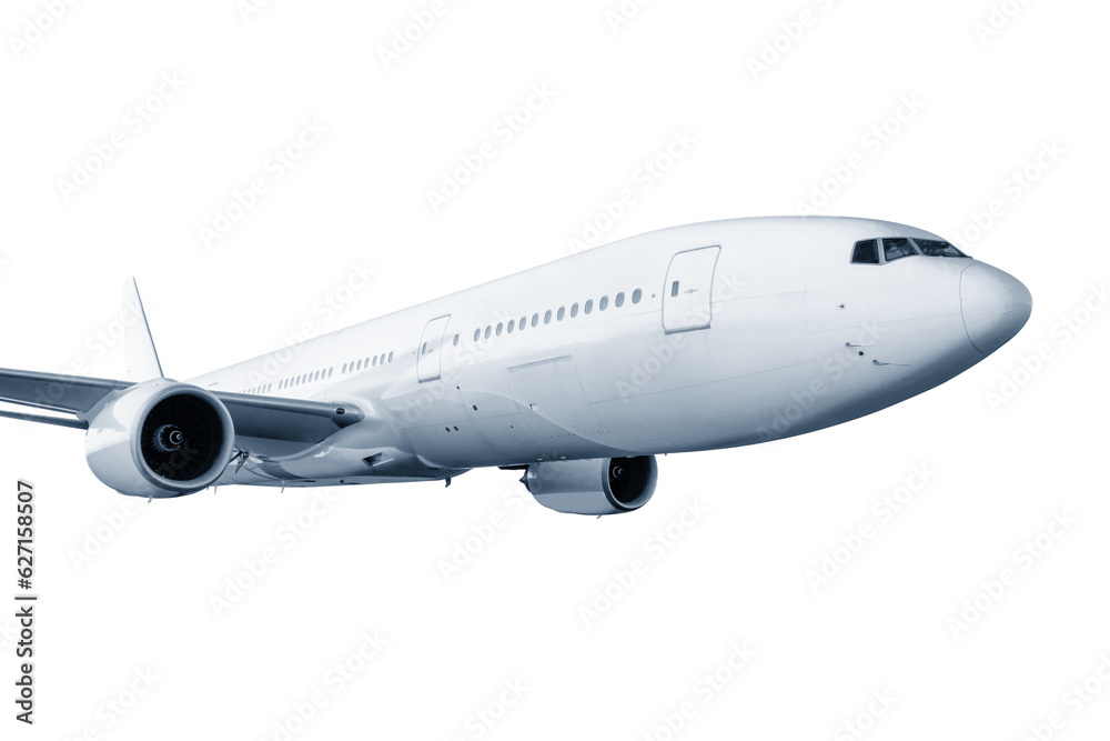 Obraz premium White wide body passenger jetliner flying isolated