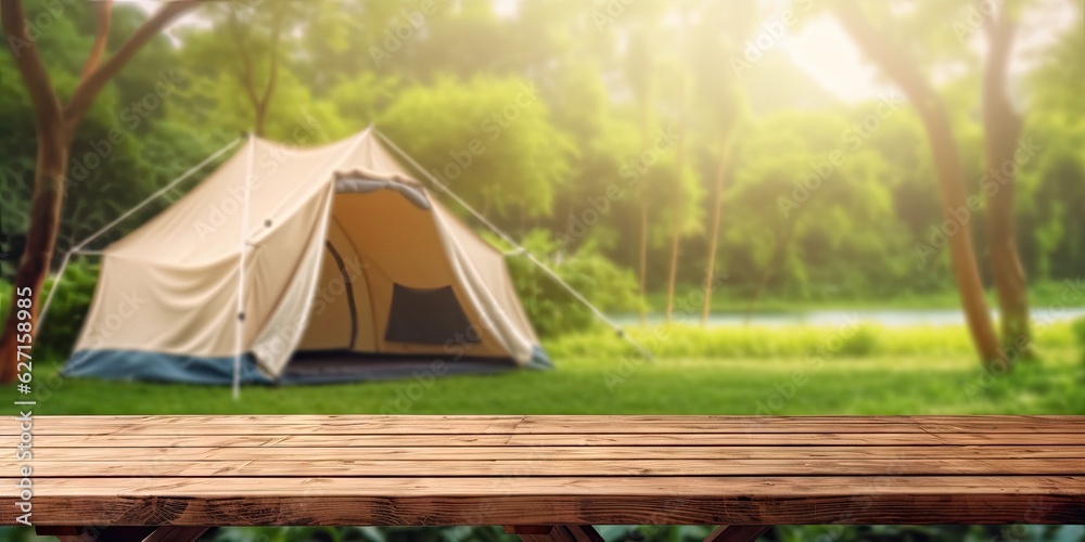 Relaxing holiday. Travel and camping adventure lifestyle in park with outdoor tent and wooden table on blur background