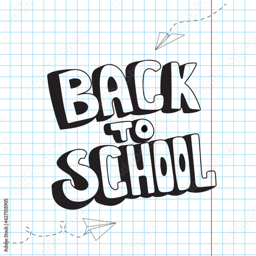 Back to school in doodle style on checkered paper background, vector illustration