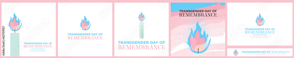 Set of Transgender Day of Remembrance Designs, card, and banners. Burning Candle in trans flag colors. In honor of trans victims. Vector Illustration. EPS 10. Set of Transgender Day of Remembrance Designs, card, and banners. Burning Candle in trans flag colors. In honor of trans victims. Vector Illustration. EPS 10.