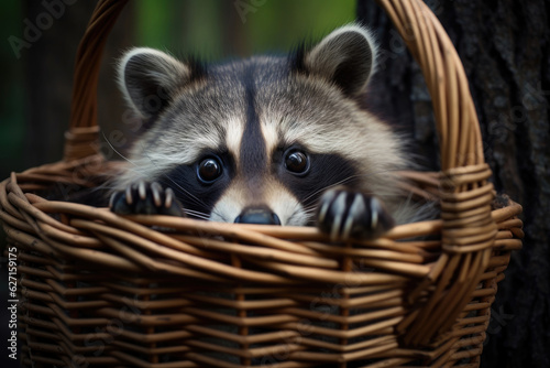 The raccoon sits in a basket and looks at the camera