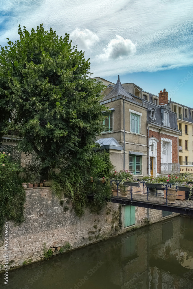 Montargis, beautiful city in France, houses on the canal
