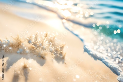 Sand With Blue Sea, Beach Summer Defocused Background With Glittering Of Sunlights | Generative AI