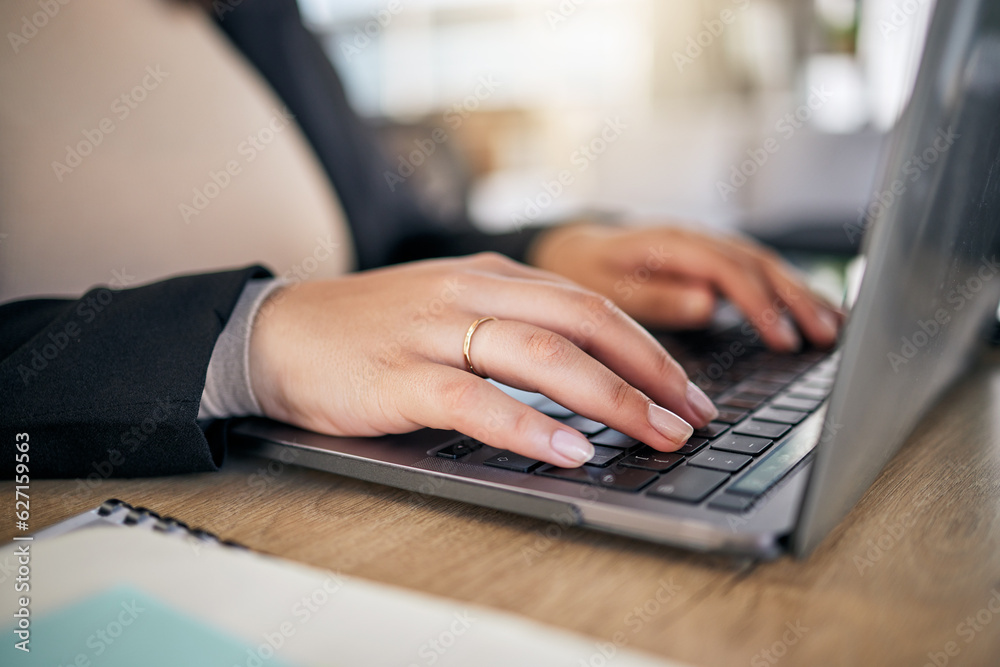Closeup, hands and typing on a laptop at a desk for secretary work, email check or connection. Office, business and a corporate employee or receptionist with a computer for a website or research Closeup, hands and typing on a laptop at a desk for secretary work, email check or connection. Office, business and a corporate employee or receptionist with a computer for a website or research