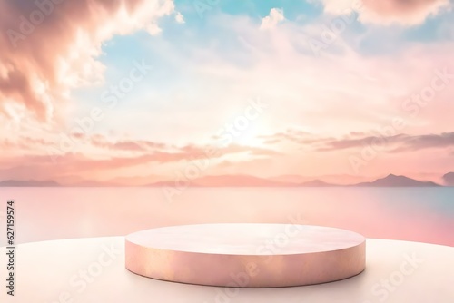 Stone Podium table top floor outdoor on sky pink gold pastel soft cloud blurred background. Pedestal presents promotion stand display, Summer Paradise dreamy concept, Generative AI