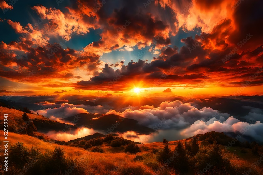 Utterly Spectacular Sunset with colorful clouds lit by the sun. Bright epic sky, Generative AI