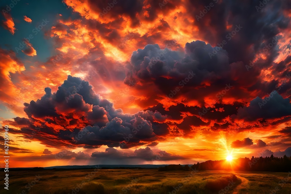 Utterly Spectacular Sunset with colorful clouds lit by the sun. Bright epic sky, Generative AI