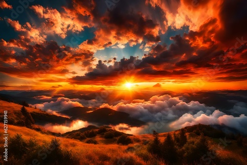 Utterly Spectacular Sunset with colorful clouds lit by the sun. Bright epic sky, Generative AI