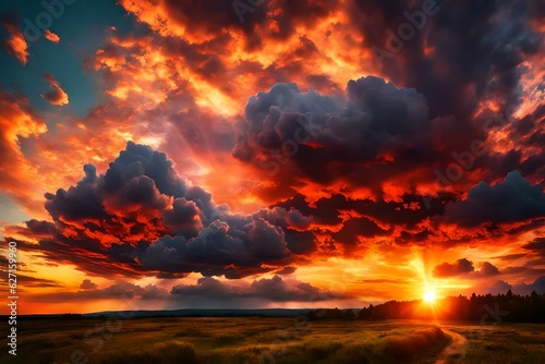Utterly Spectacular Sunset with colorful clouds lit by the sun. Bright epic sky, Generative AI © RBGallery