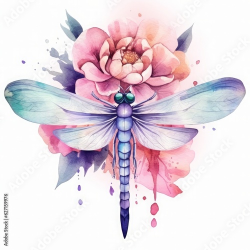 Dragonfly Flower Watercolor Clipart, Watercolor Dragonfly Flower, Generated by AI