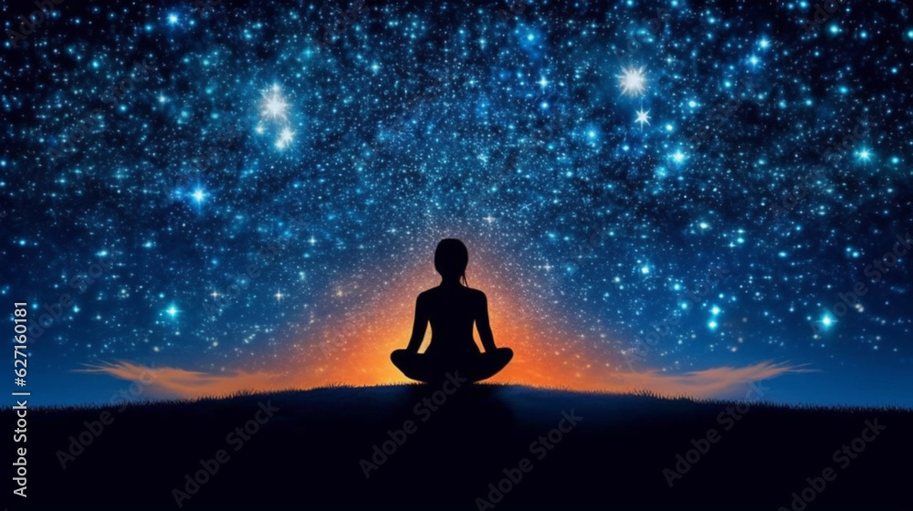 a scene that shows how you can reach a higher level of awareness. The picture shows a guy taking it easy under a starry sky. The person is sitting in the lotus pose with their eyes closed and their fa