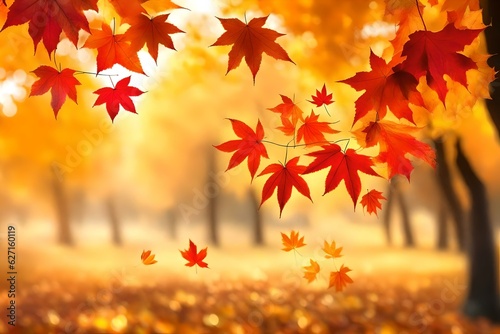 Web Banner design for Autumn season and end-year activity with red and yellow maple leaves with soft focus light and bokeh background  Generative AI