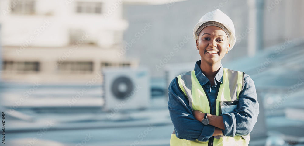 Woman, construction worker and portrait with a smile for engineering and building renovation job. Arms crossed, happy and African female employee on a industrial site outdoor for builder project - obrazy, fototapety, plakaty 
