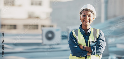 Foto Woman, construction worker and portrait with a smile for engineering and building renovation job