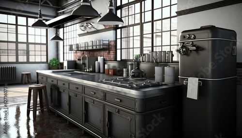 Well equipped industrial interior style kitchen with brick and concrete walls, and a cabinet made of wooden and metal elements photo