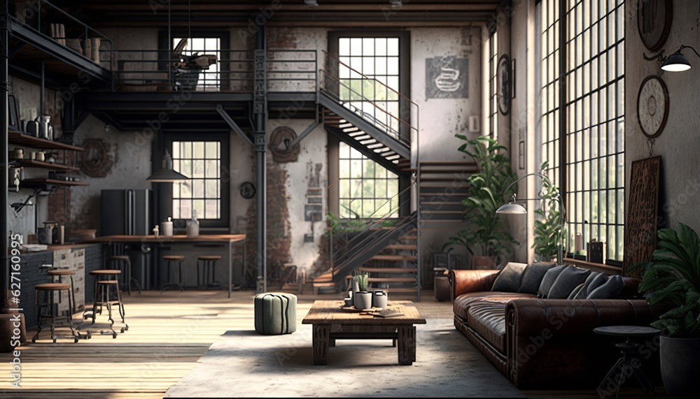 Well equipped industrial interior style spacious living room with brick and concrete walls , leather couch and coffee table Well equipped industrial interior style spacious living room with brick and concrete walls , leather couch and coffee table