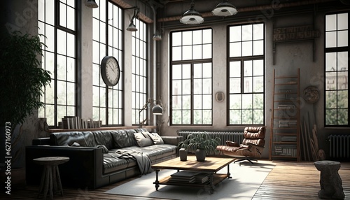 Well equipped industrial interior style spacious living room with brick and concrete walls   leather couch and coffee table