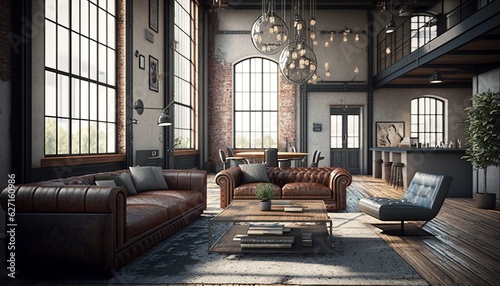 Well equipped industrial interior style spacious living room with brick and concrete walls   leather couch and coffee table