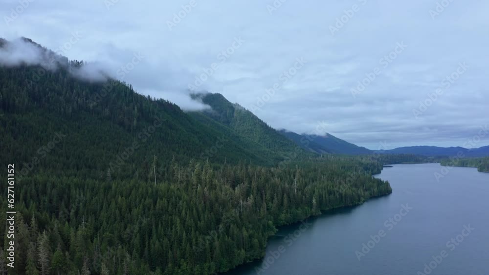 Aerial view of foggy Pacific Northwest Mountain Forest meeting scenic lake Aerial view of foggy Pacific Northwest Mountain Forest meeting scenic lake