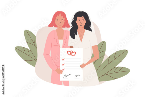 A cute female couple holding signed marriage certificate. Married lesbian women with prenup document. Newlywed LGBTQ brides or wifes. Romantic same sex marriage of love partners. Vector illustration.