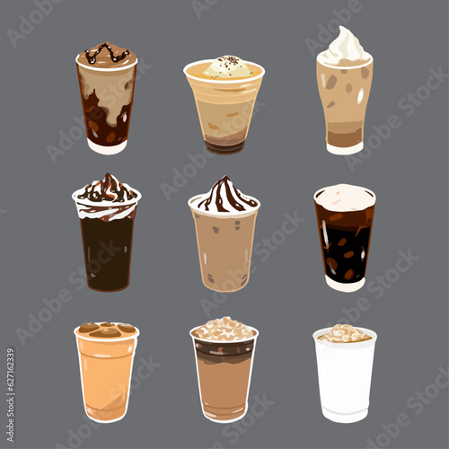 Set of coffee drinks for cafe or coffeehouse menu. Watercolor vector illustration