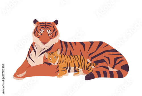 Parents and baby animals. The mother tiger is lying on the floor and the baby tiger is leaning next to the mother.
